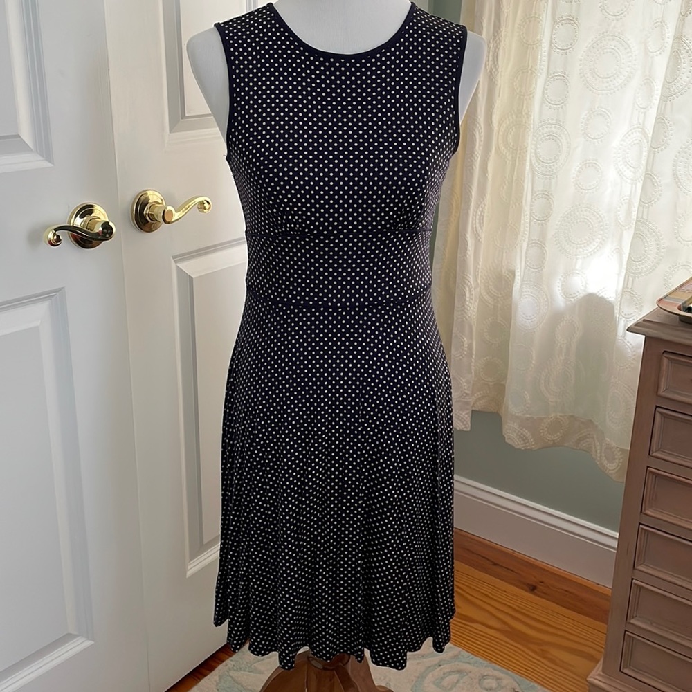 LOFT navy and cream polka dot stretch dress size S